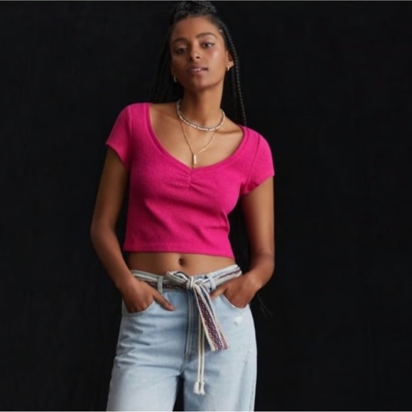 Anthropologie Pink Cropped Tee Size L - Picture 2 of 9
